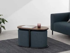 Salontafel + 2 Poefs Van Stof - Naturel En Blauw - Adar