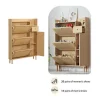 Schoenenkast In Hout En Rotan - 3 Klepdeuren En 1 Lade - Verstelbare Plank - Naturel