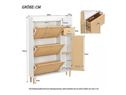 Schoenenkast Met 3 Klepdeuren En 1 Lade Afmeting 90L X 17B X 125H Cm Houtlook Rotan Rieteffect Kleur Wit + Eiken
