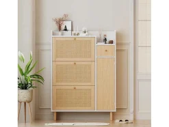 Schoenenkast Met 3 Klepdeuren En 1 Lade Afmeting 90L X 17B X 125H Cm Houtlook Rotan Rieteffect Kleur Wit + Eiken