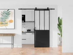 Schuifdeur Werkplaatsstijl Met Rails - Zwart En Mat Gehard Glas - H205 Cm X L93 Cm - Artisto Ii