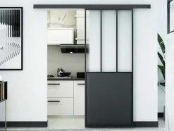 Schuifdeur Werkplaatsstijl - Zwart En Mat Gehard Glas - H205 X B73 Cm - Artisto