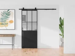 Schuifdeur Werkplaatsstijl Met Rails - Zwart En Mat Gehard Glas - H205 Cm X L63 Cm - Artisto Ii