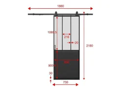Schuifdeur Werkplaatsstijl Met Rails - Zwart En Mat Gehard Glas - H205 Cm X L73 Cm - Artisto Ii