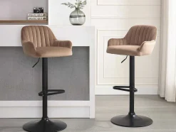 Set Van 2 Barkruk Van Velours En Zwart Metaal - Verstelbare Hoogte - Beige - Eleana