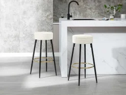 Set Van 2 Barkrukken Van Bouclestof En Zwart Staal - Wit En Goudkleurig - Belinio I