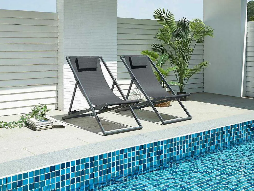 Set Van 2 Chileense Ligstoelen Van Aluminium - Antraciet - Anilio Van Mylia