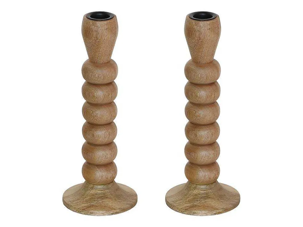 Set Van 2 Kandelaars Van Mangohout - H23 Cm - Naturel - Fainin