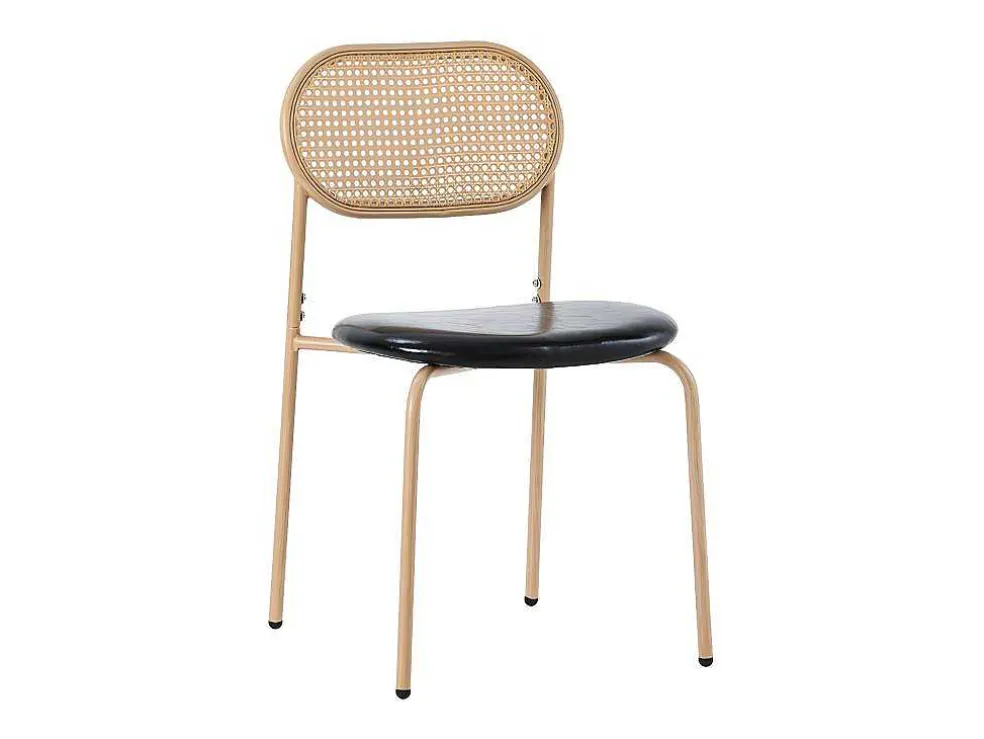 Set Van 4 Kunstleer En Rotan Stoelen - Metalen Poten - Zwart