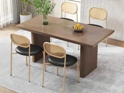 Set Van 4 Kunstleer En Rotan Stoelen - Metalen Poten - Zwart