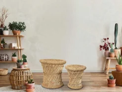 Set Van 2 Ronde Poefs Van Licht Naturelkleurig Rotan Mirtaka