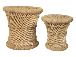 Set Van 2 Ronde Poefs Van Licht Naturelkleurig Rotan Mirtaka