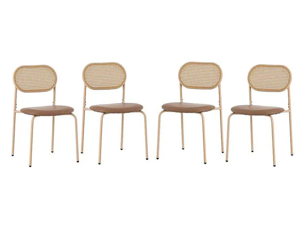 Set Van 4 Stoelen Van Kunstleer En Rotan - Metalen Poten - Bruin