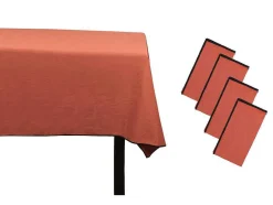 Set Van Tafellaken + 4 Servetten Van Linnen En Katoen - Zwarte Rand - Terracotta - 170 X 250 Cm - Borina