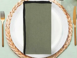 Set Van Tafellaken + 4 Servetten Van Linnen En Katoen - Zwarte Rand - Kaki - 170 X 300 Cm - Borina