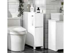 Sobuy Compacte Toiletkast, Smal Badkameropbergmeubel Op Wielen, Toiletrolhouder Met 1 Kanteldeur, 2 Laden En 1 Open Achtercompartiment, Veelzijdige Opbergwagen, 60X20X75 Cm, Bzr111-W