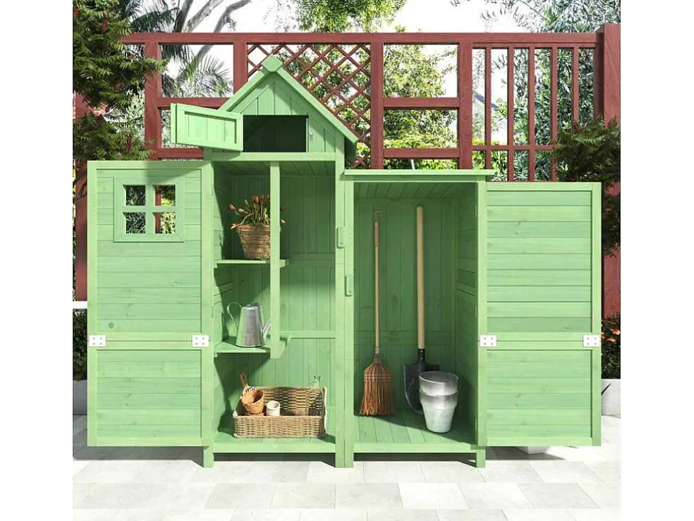 Sparrenhouten Tuinhuis - Gereedschapsschuur Met 2 Geintegreerde Planken - H 173 Cm - Waterdicht Pvc Dak - Groen