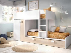 Stapelbed - Ingebouwde Kast - 2X90X190Cm - Wit En Eiken + Matras - Juanito