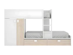 Stapelbed - Ingebouwde Kast - 2X90X190Cm - Wit En Eiken + Matras - Juanito
