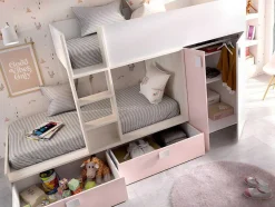 Stapelbed Juanito Met Ingebouwde Kast En Opbergruimte - 2X90X190Cm - Wit, Eiken En Roze