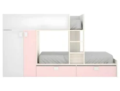 Stapelbed Juanito Met Ingebouwde Kast En Opbergruimte - 2X90X190Cm - Wit, Eiken En Roze