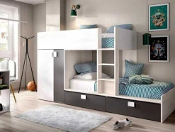 Stapelbed Juanito Met Ingebouwde Kast - 2 X 90 X 190 Cm - Wit, Eiken En Antraciet