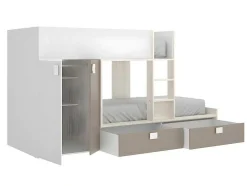 Stapelbed Juanito Met Ingebouwde Kast En Opbergruimte - 2X90X190Cm - Wit, Eiken En Taupe