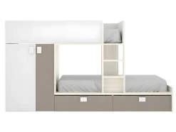 Stapelbed Met Ingebouwde Kast En Opbergruimte 2X90X190Cm - Wit, Eiken En Taupe + Matras - Juanito