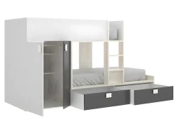 Stapelbed Met Ingebouwde Kast 2 X 90 X 190 Cm - Wit, Eiken En Antraciet + Matras - Juanito