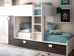Stapelbed Met Ingebouwde Kast 2 X 90 X 190 Cm - Wit, Eiken En Antraciet + Matras - Juanito