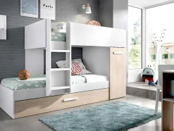 Stapelbed Met Onderschuifbed Anthony Met Opbergruimte 3X90X190Cm - Kleuren: Wit En Eik + Matras