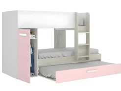 Stapelbed Met Opbergruimtes 3 X 90 X 190 Cm - Wit, Naturel En Roze - Met Matras - Anthony