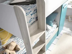 Stapelbed Met Slaaplade En Opbergruimtes 3 X 90 X 190 Cm - Wit, Naturel En Blauw - Met Matras - Anthony
