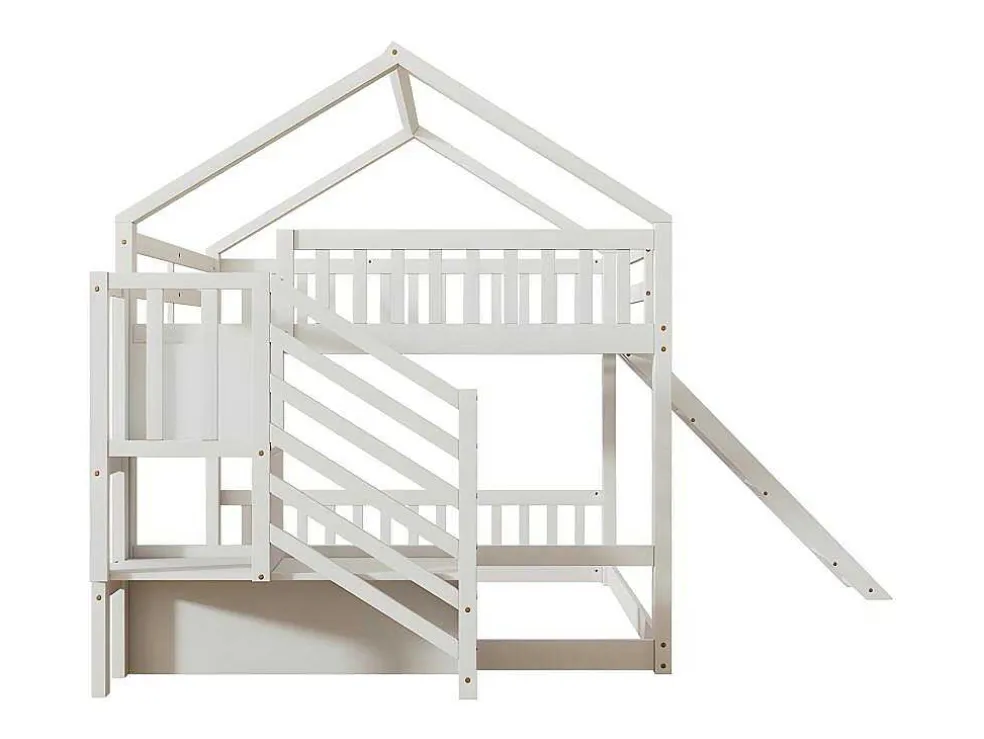Stapelbed Voor Kinderen 140X200Cm - Met Opbergtrap En Glijbaan - Wit