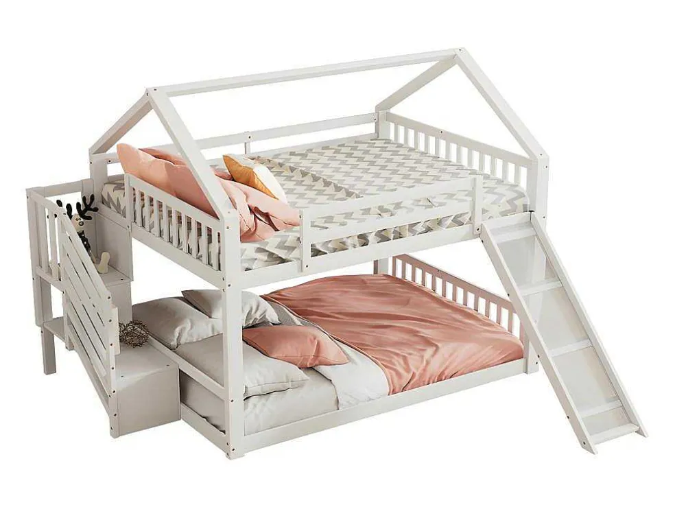 Stapelbed Voor Kinderen 140X200Cm - Met Opbergtrap En Glijbaan - Wit