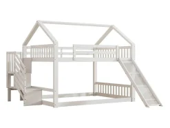 Stapelbedden 140 X 200 Cm - Mdf Hout - Opbergtrap En Glijbaan - Wit