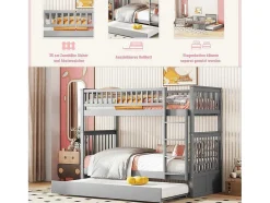 Stapelbedden 2 X 90 X 200 Cm + Onderschuifbed 90 X 190 Cm - Mdf Hout - Grijs - Anthony