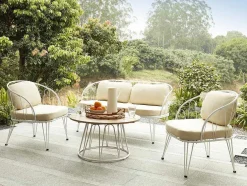 Tuinzithoek Van Metaal: 1 Tweezitsbank, 2 Fauteuils En 1 Salontafel - Wit - Arlesan
