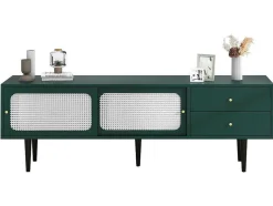 Tv-Meubel 160 Cm - 2 Rotan Schuifdeuren En 2 Lades - Groen