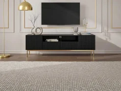 Tv-Meubel Met 2 Deuren, 2 Laden En 2 Nissen Van Mdf En Staal - Zwart En Goudkleurig - Evilana