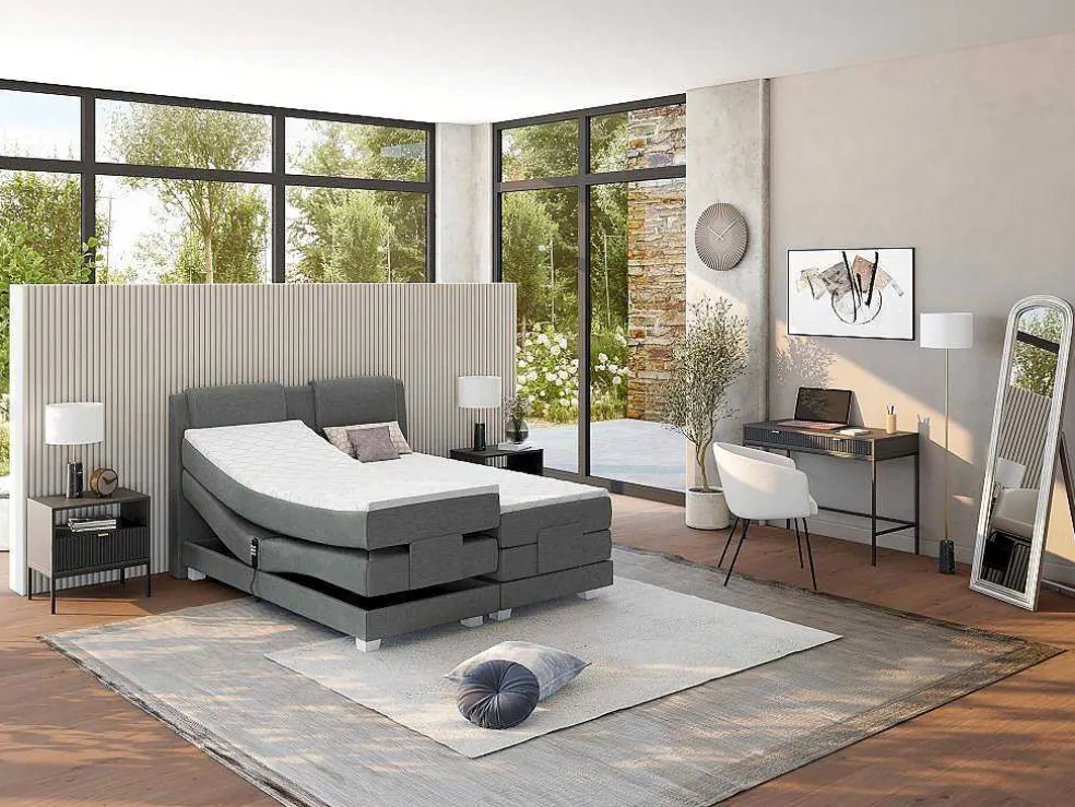 Tweepersoons Boxspring Met Elektrische Bedbodem + Matras En Dekmatras Castel Palacio - 2X90X200Cm - Lichtgrijze Stof