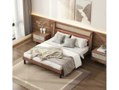 Tweepersoonsbed 160X200Cm - Met Kunstleer En Pvc Rotan Kussens - Met Houten Lattenbodem - Bruin