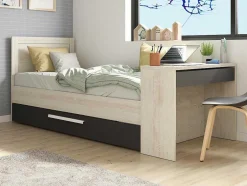Uitschuifbaar Bed 2 X 90 X 200 Cm - Met Bureau - Kleur: Naturel En Antraciet + Bedbodem - Vouani