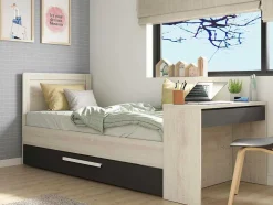 Uitschuifbaar Bed 2 X 90 X 200 Cm - Met Bureau - Kleur: Naturel En Antraciet + Bedbodem - Vouani
