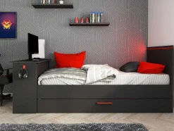 Uitschuifbed 2 X 90 X 200 Cm - Met Bureau - Ledverlichting - Antraciet En Rood - Vouani