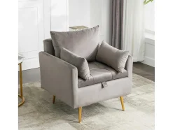 Vipi Fauteuil In Fluwelen Stof Met Opbergruimte En Kussen - Poten Van Goudkleurig Metaal - Grijs