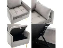 Vipi Fauteuil In Fluwelen Stof Met Opbergruimte En Kussen - Poten Van Goudkleurig Metaal - Grijs