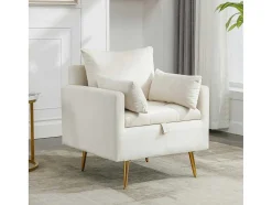 Vipi Fauteuil In Fluwelen Stof Met Opbergruimte En Kussen - Poten Van Goudkleurig Metaal - Wit