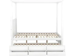 Volwassen Bed 140X200Cm - Hemelbed Met Onderschuifbed En 3 Lades - Wit