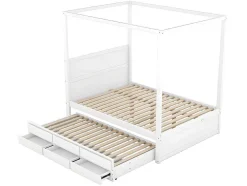 Volwassen Bed 140X200Cm - Hemelbed Met Onderschuifbed En 3 Lades - Wit